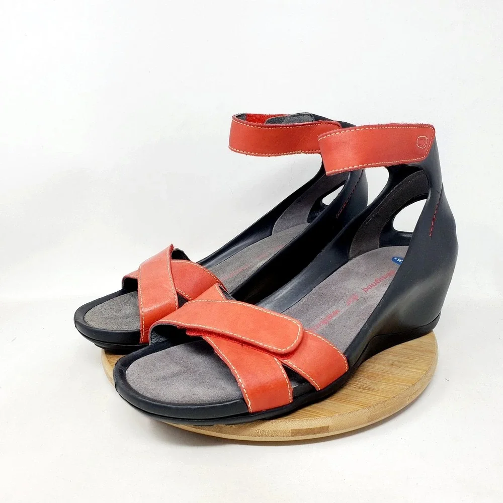 Wolky Era Wedge Sandals Womens 41 Red Leather Black Adjustable Ankle Strap Shoes